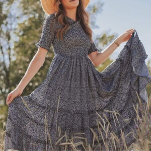 Lucy Avenue Blue Floral Hilda Smock Maxi Dress Ruffle Boho Women’s Size Medium M